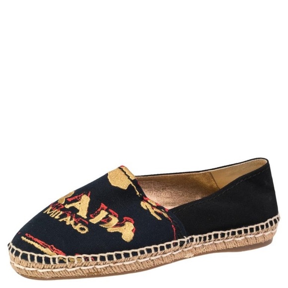 Prada Black Canvas Logo Embroidered Espadrille Flats SIZE 39 - Picture 1 of 4